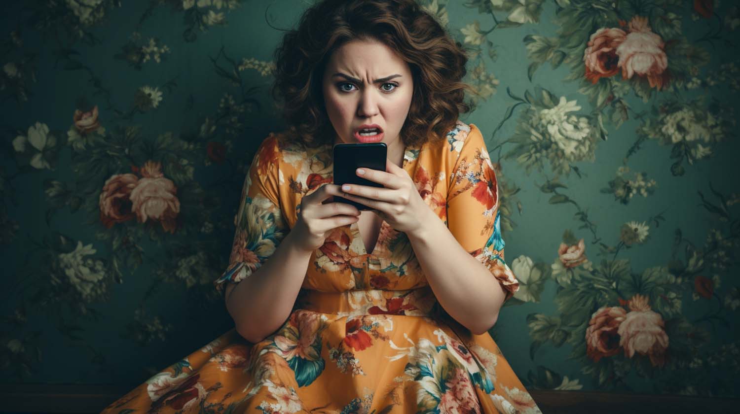 A Woman In A Floral Dress Is Looking At Her Phone, Experiencing Funny Autocorrect Fails.