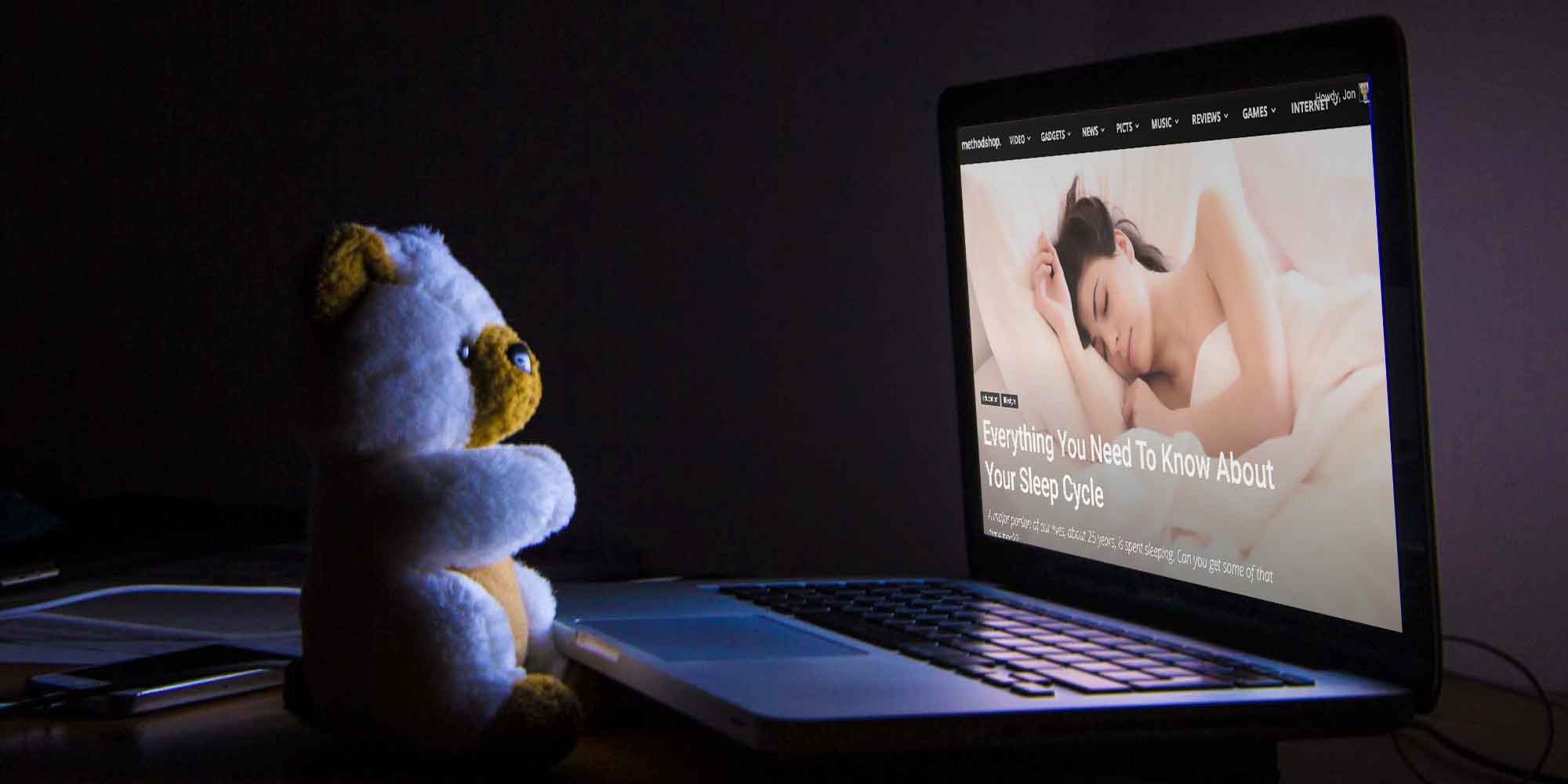 A Sleepless Teddy Bear Using A Laptop