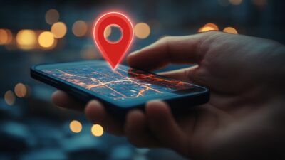 A Hand Holds A Smartphone With A Map On The Screen And A Large Red Location Pin Hovering Above, Indicating Gps Navigation And Location Sharing. The Background Shows A Blurred Cityscape With Warm Lights.