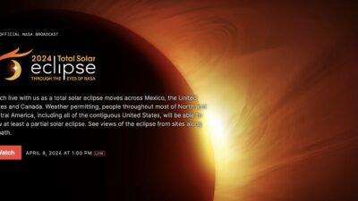 Solar Eclipse Live - Promotional graphic for the 2024 Total Solar Eclipse Live NASA broadcast, featuring the sun being eclipsed by the moon.