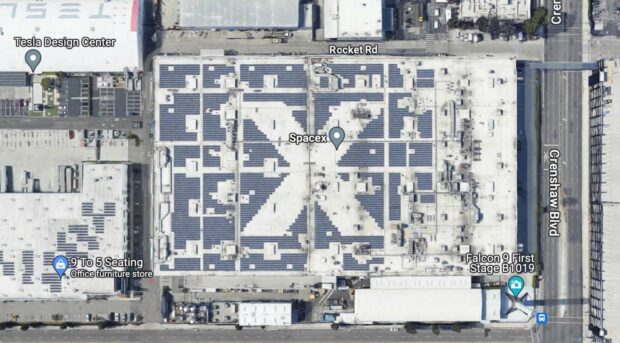 The Roof At Spacex Headquarters With A Giant X Made From Solar Panels.