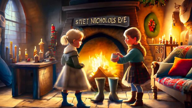 Painting Of Children Placing Wooden Shoes By A Fireplace On St. Nicholas Eve