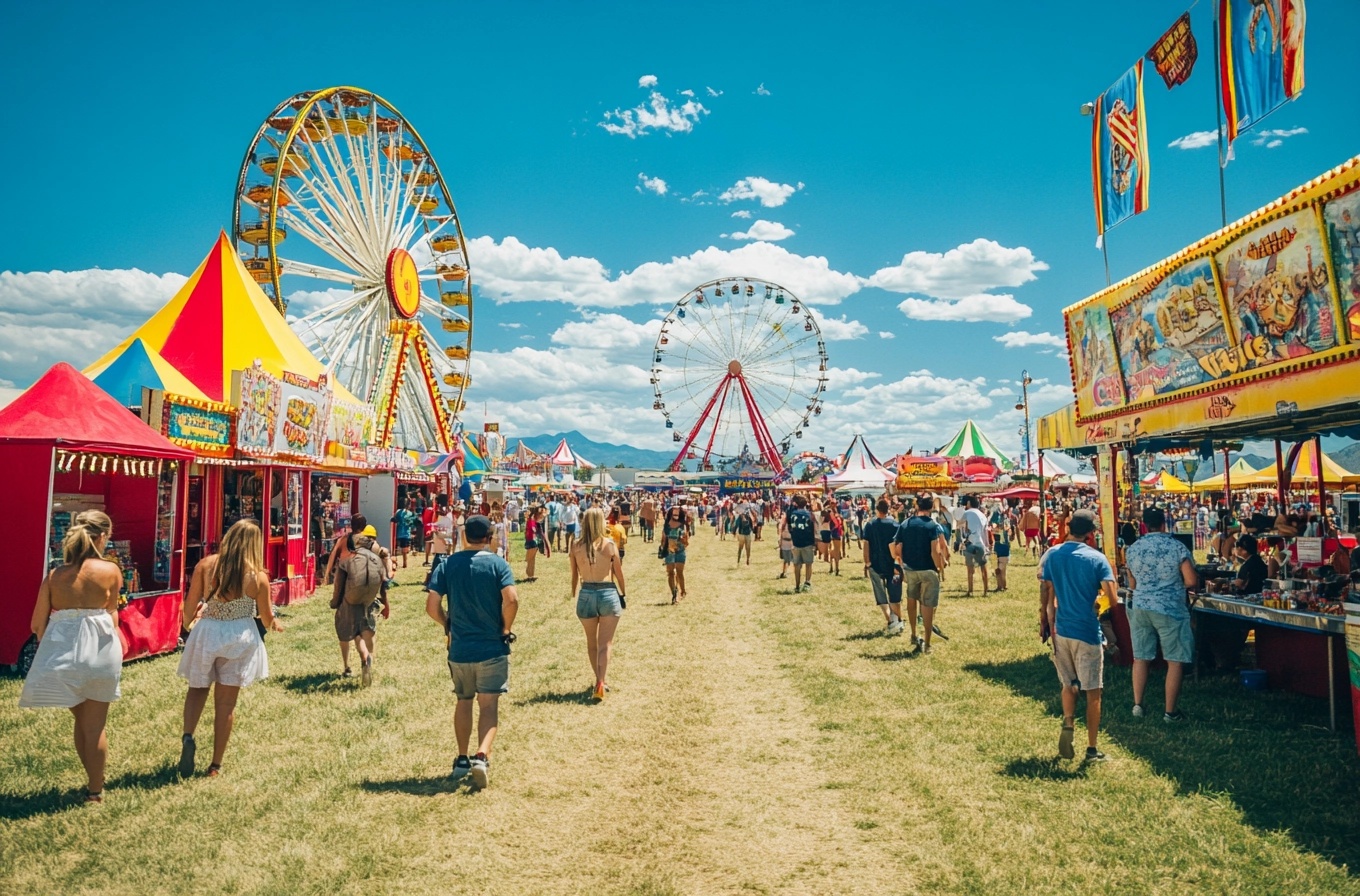 Stair Fair - People Stroll Through A Lively Carnival With Colorful Tents And Ferris Wheels Under A Blue Sky, As If Straight Out Of A David Letterman Top 10 List For Best Ways To Enjoy Cotton Candy While Laughing At Life’s Absurdities.