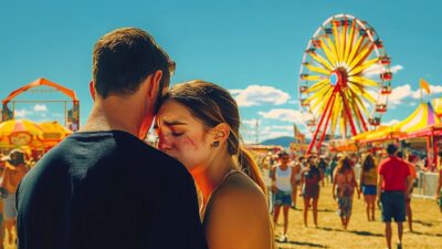 Stair Fair - A couple stands close at a bustling state fair, where the Ferris wheel spins majestically amid colorful tents, creating a scene straight out of a top 10 list for most memorable dates.