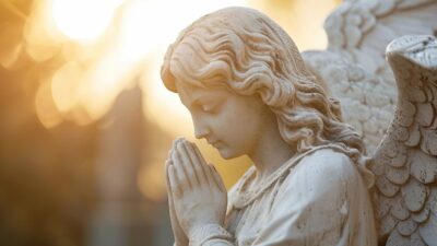 Stone statue of an angel with wings, head bowed, and hands clasped in prayer, evoking a sense of faith against a blurred golden background.