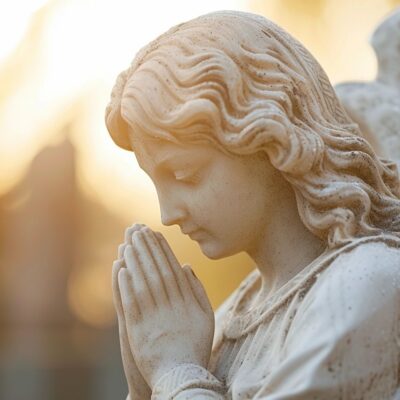 Stone Statue Of An Angel With Wings, Head Bowed, And Hands Clasped In Prayer, Evoking A Sense Of Faith Against A Blurred Golden Background.