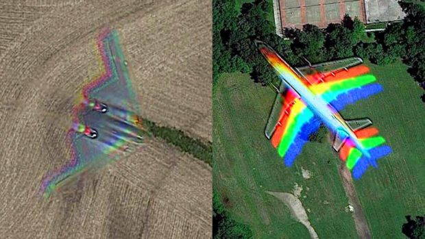 Why Satellite Photos Of Flying Objects Have Blurry Rgb Shadows - Examples Showing A Standard Airplane And A B-2 Stealth Bomber