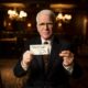 Actor Steve Martin holding his business card