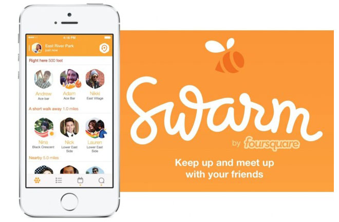 A Smartphone Showcases The Swarm App Interface By Foursquare, Highlighting Nearby Friends And Locations. The Vibrant Orange Graphic On The Right Features The App Logo Alongside Its Tagline: &Quot;Keep Up And Meet Up With Your Friends,&Quot; Making It A Perfect City Guide Companion.