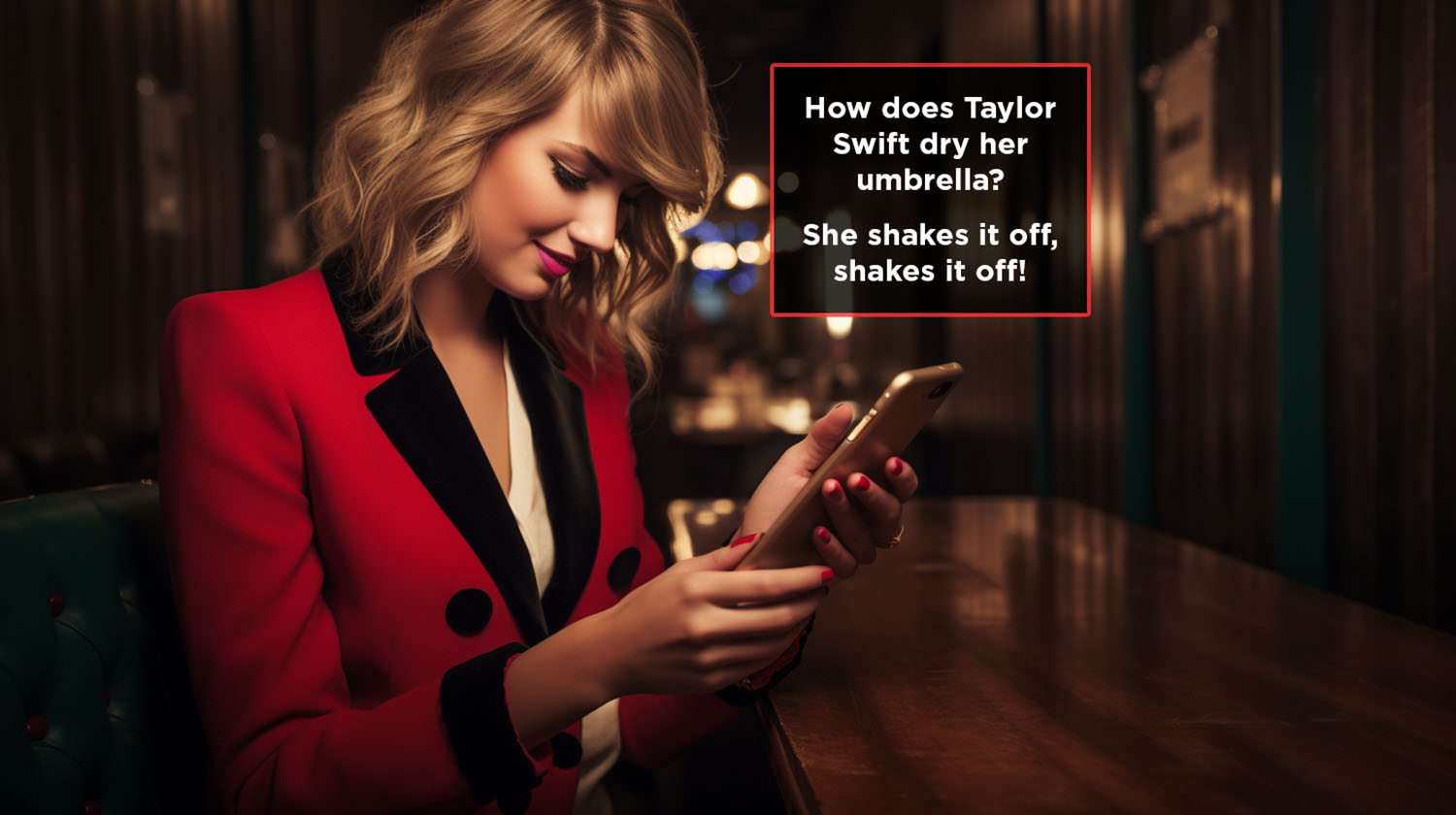 Taylor Swift In A Red Jacket Looking At Her Phone And Reading Funny Taylor Swift Jokes.