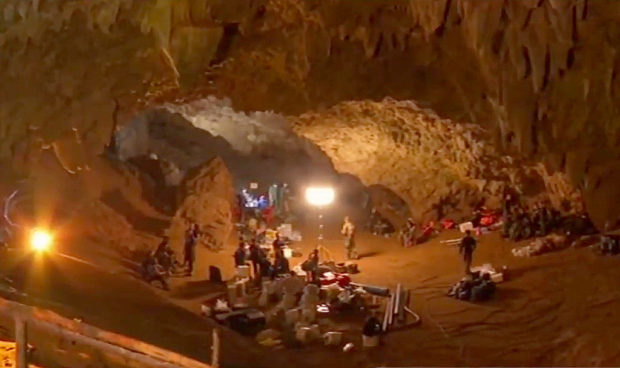 Personnel And Equipment In The Entrance Chamber Of Tham Luang Cave During Rescue Operations During 26–27 June 2018. Screen Capture From Nbt News Report.
