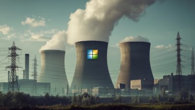 Microsoft's Deal to Revive Three Mile Island Nuclear Plant - Three large cooling towers at a power plant emit steam into the sky, reminiscent of the Three Mile Island Nuclear Plant. One cooling tower features a prominent Windows logo. Electrical towers and power lines are in the foreground.