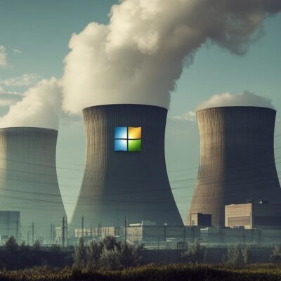 Microsoft'S Deal To Revive Three Mile Island Nuclear Plant - Three Large Cooling Towers At A Power Plant Emit Steam Into The Sky, Reminiscent Of The Three Mile Island Nuclear Plant. One Cooling Tower Features A Prominent Windows Logo. Electrical Towers And Power Lines Are In The Foreground.