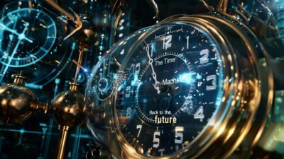 A close-up image of a vintage clock with a reflective, intricate design, displaying the words "The Time Machine" and "Back to the Future" on its face, hinting at science and time travel.