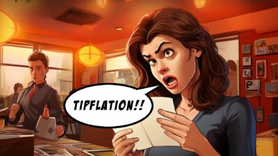 A cartoon image of a tired woman and man in a restaurant, frustrated by tipflation.