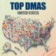 Top DMAs 2024 - A vibrant map of the United States showcases top Designated Market Areas (DMAs) with colorful pins in each region, including Alaska and Hawaii, providing a clear view of Nielsen DMA Rankings and the evolving media landscape.