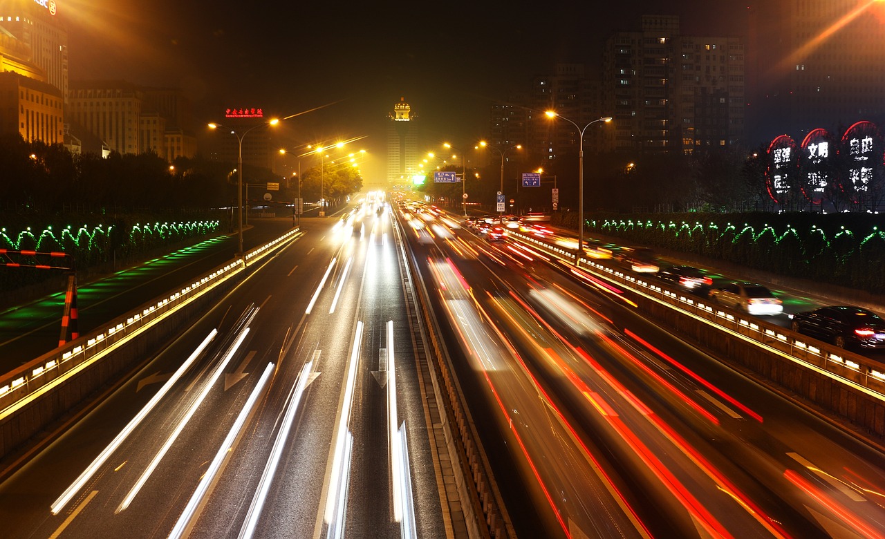 Traffic Flow, Beijing, Night, Traffic Flow At Night Timelapse Photo
