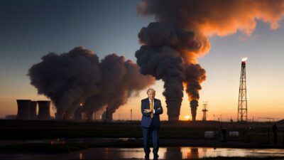 A Man In A Suit Stands Against An Industrial Landscape, Where Large Smoke Plumes And A Lit Oil Rig Punctuate The Sunset, Symbolizing The Challenges Of U.s. Climate Policy In Balancing Energy Markets.