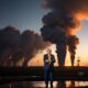 A man in a suit stands against an industrial landscape, where large smoke plumes and a lit oil rig punctuate the sunset, symbolizing the challenges of U.S. Climate Policy in balancing energy markets.