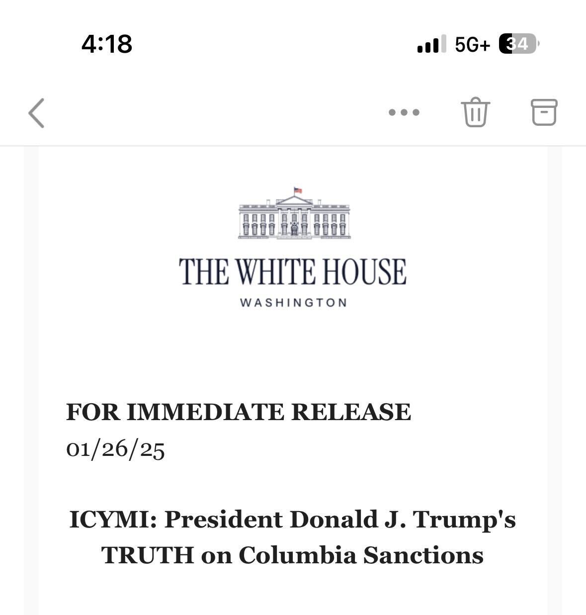 Screenshot Of An Email Dated January 26, 2025, From The White House Titled &Quot;Icymi: President Donald J. Trump'S Truth On Colombia Tariff,&Quot; Highlighting The Trump Administration'S Stance.