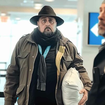 Airport Pillowcase Travel Hack Goes Wrong - A Man Wearing A Black Hat And Brown Jacket, Employing A Clever Packing Trick With A Pillowcase, Stands In An Airport Terminal Alongside Two Other Individuals.