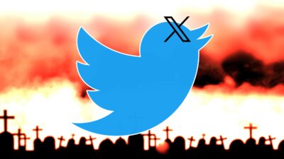 Rip Twitter - A Blue Twitter Bird Logo With A Black X Over Its Eye Is Set Against A Background Of A Fiery Sky With The Silhouette Of Crosses In The Foreground, Echoing Sentiments Of &Quot;Rip Twitter.