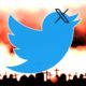 RIP Twitter - A blue Twitter bird logo with a black X over its eye is set against a background of a fiery sky with the silhouette of crosses in the foreground, echoing sentiments of "RIP Twitter.