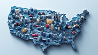 United States map with miniature buildings and vehicles representing the bustling urban areas across the country, highlighting some of the top 100 TMAs in 2023.