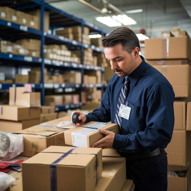 A Man Working In A Warehouse With Boxes For Usps Media Mail.