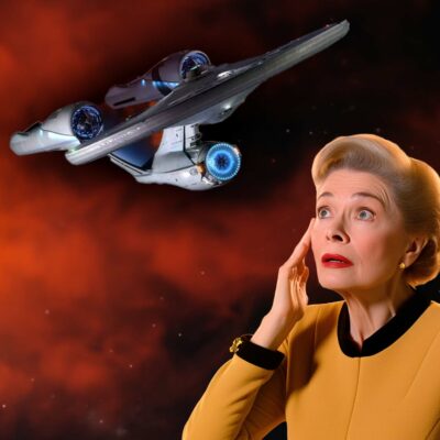 A Woman In A Yellow Shirt Is Looking Up At A Uss Enterprise Star Trek Ship.