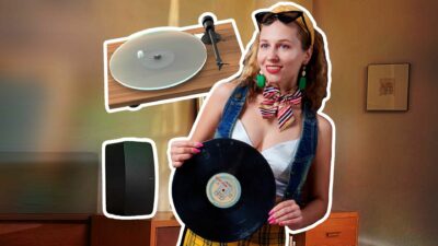 Cute Retro Woman With Vinyl Record, T1 Turntable, And Sonos Five Speaker