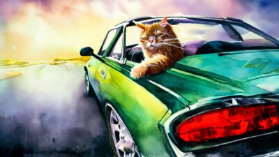 Watercolor Painting Of A Cat Driving One Of The Best Muscle Cars Of All Time