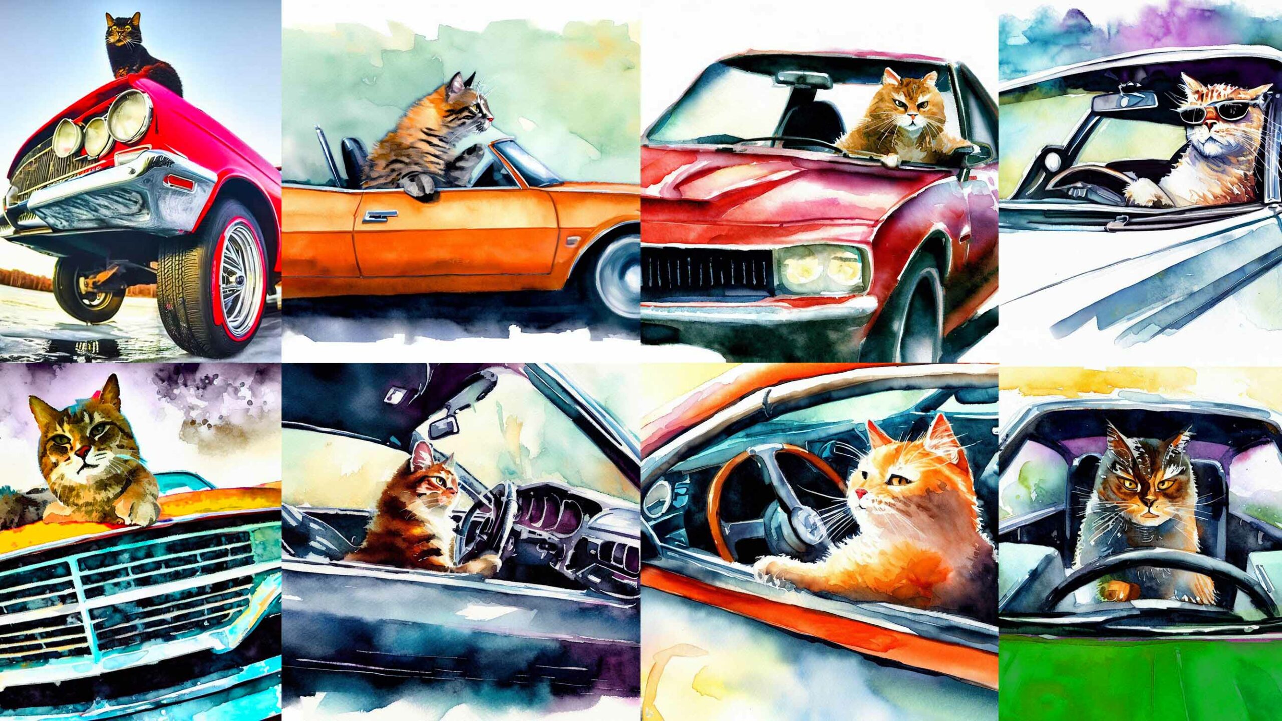 Watercolor Paintings Of Cats Driving Muscle Cars