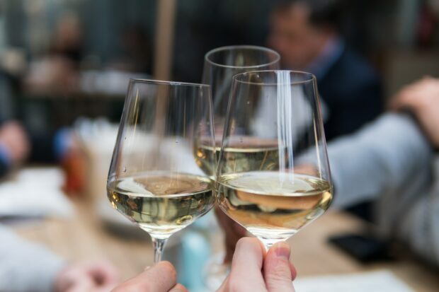 Three People Having A Toast Using Three Clear Crystal Wine Glasses