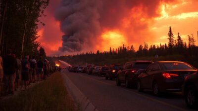 Cars line a road with people nearby as thick smoke and flames from a wildfire rise in the background against a red sky. This scene underscores the importance of critical preparedness while pine trees silhouette the horizon.