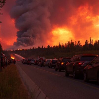 Cars Line A Road With People Nearby As Thick Smoke And Flames From A Wildfire Rise In The Background Against A Red Sky. This Scene Underscores The Importance Of Critical Preparedness While Pine Trees Silhouette The Horizon.