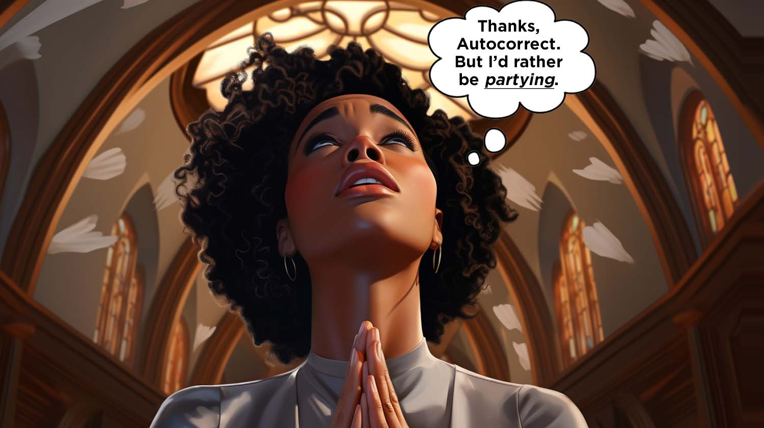 A Cartoon Image Of A Woman Praying In A Church Because Of A Funny Autocorrect Fail.