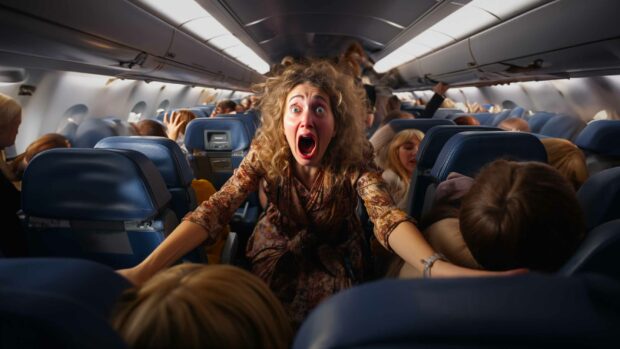 Frightened Woman On A Crowded Airplane Worried About The Safest Seat On A Plane