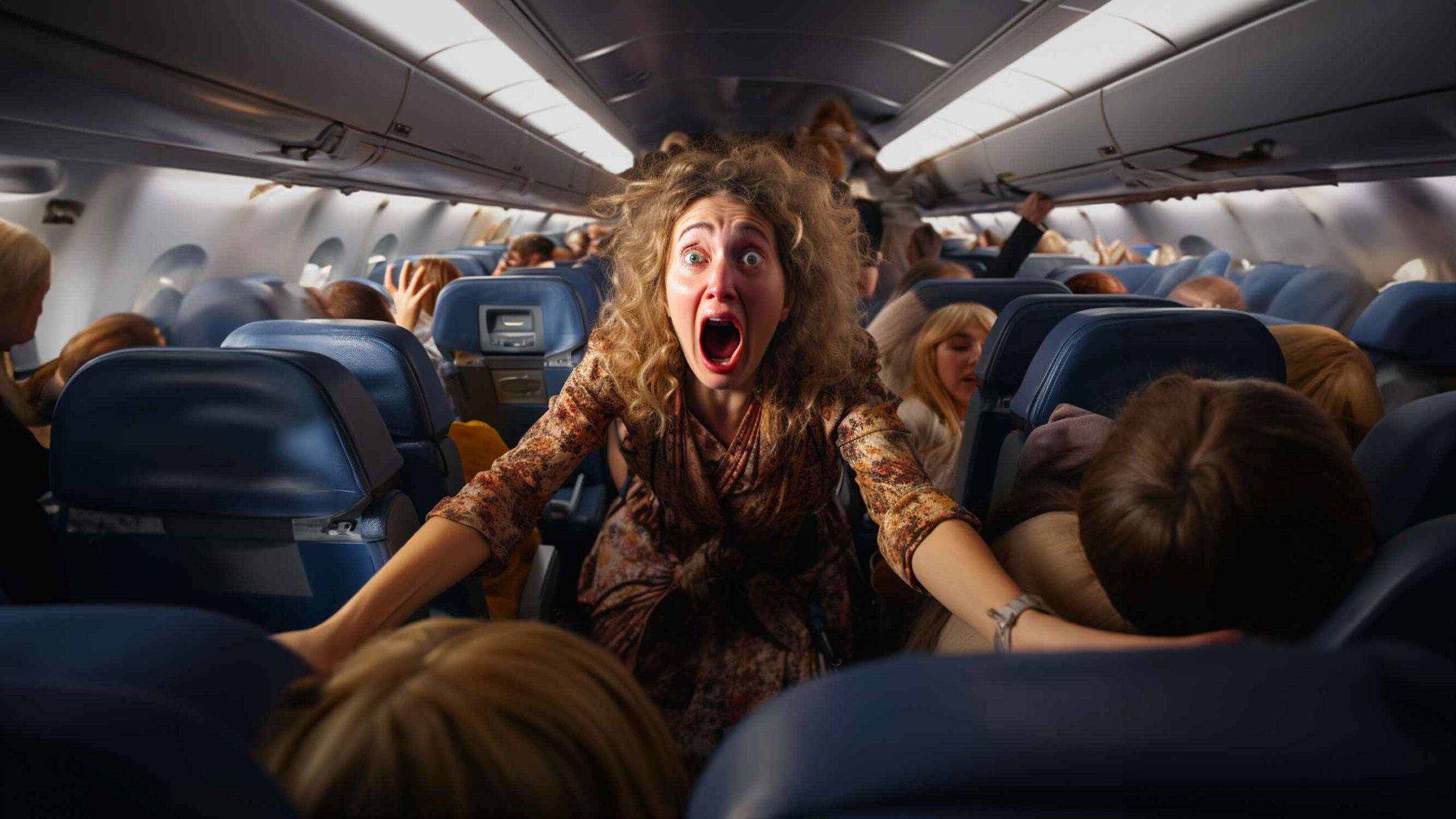 Frightened Woman On A Crowded Plane Worried About The Safest Place To Sit On A Plane.