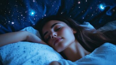 A woman sleeps peacefully, surrounded by bedding with a starry night design, embracing the lost practice of a second sleep, creating a dreamy atmosphere.