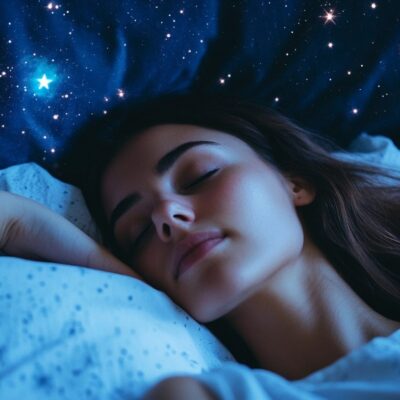 A Woman Sleeps Peacefully, Surrounded By Bedding With A Starry Night Design, Embracing The Lost Practice Of A Second Sleep, Creating A Dreamy Atmosphere.