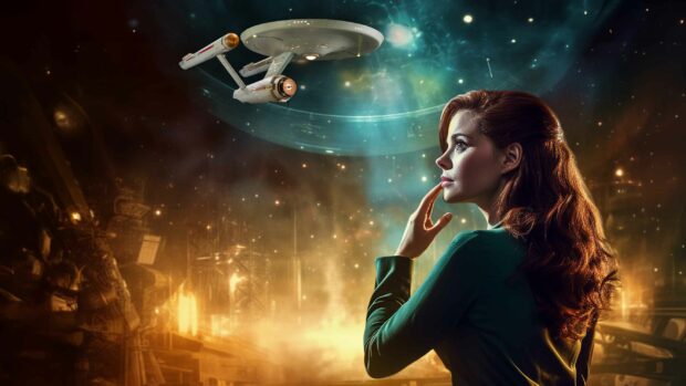 An Image Of A Woman, Captivated By The Sight Of The Uss Enterprise Ship And Wondering &Quot;What Does Uss Stand For In Star Trek?&Quot;