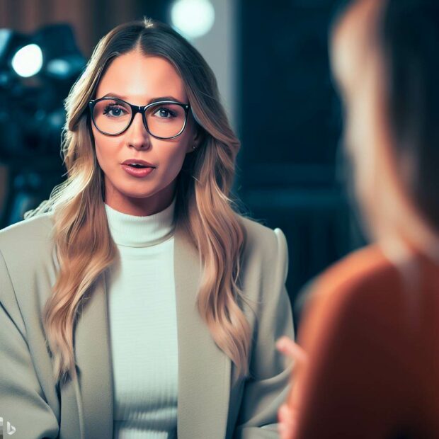 Attractive Woman Wearing Glasses Interviewing A Guest On Tv