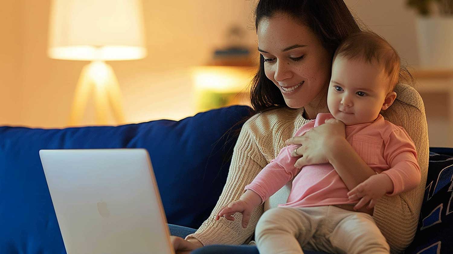 How Do I Reset My Eero?
 - A Woman Sits On A Couch With A Laptop On Her Lap, Holding A Baby Who Is Reaching Towards The Screen As She Looks Up Instructions On How To Reset Eero.