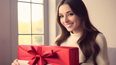 Beautiful woman wrapping a holiday gift