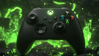 A black Xbox controller glowing with green light, surrounded by a dark, rocky background with bright green lava-like elements. The scene has an auto draft feel, like it was masterfully generated from a world of gaming dreams.