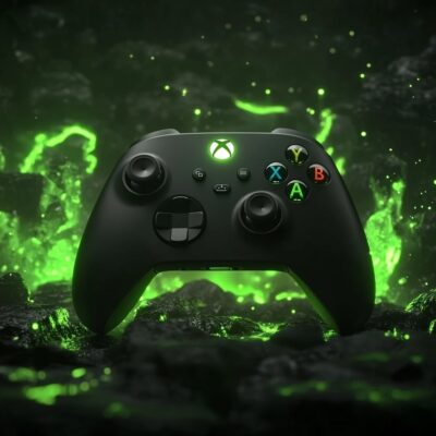 A Black Xbox Controller Glowing With Green Light, Surrounded By A Dark, Rocky Background With Bright Green Lava-Like Elements. The Scene Has An Auto Draft Feel, Like It Was Masterfully Generated From A World Of Gaming Dreams.