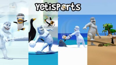 Yeti Sports Games - A collage of scenes from Yetisports games depicts a Yeti interacting with penguins in various snowy and beach settings, with the Yetisports logo at the top.