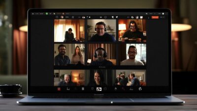 A Zoom video conference call with eight participants displayed on a laptop screen. Each person appears in their own window, engaging in conversation and sharing their thoughts on the latest changes.